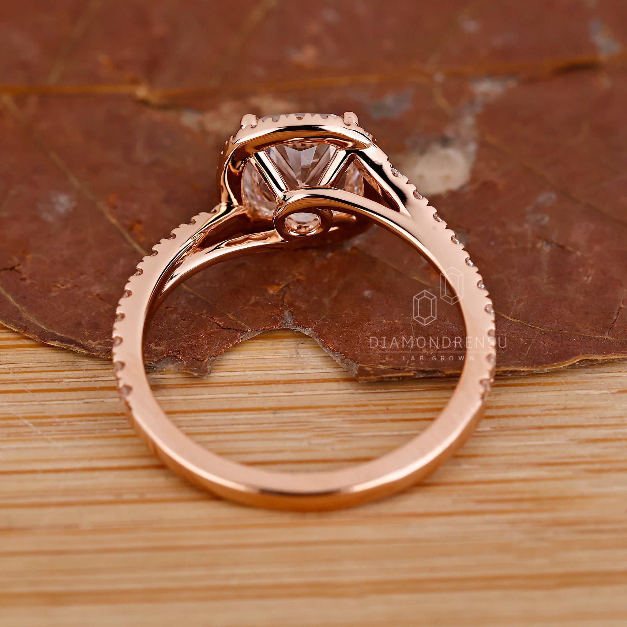 Buy engagement ring with cushion and round halo.