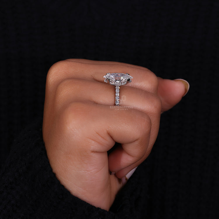 Lab grown diamond ring with a hidden halo design.