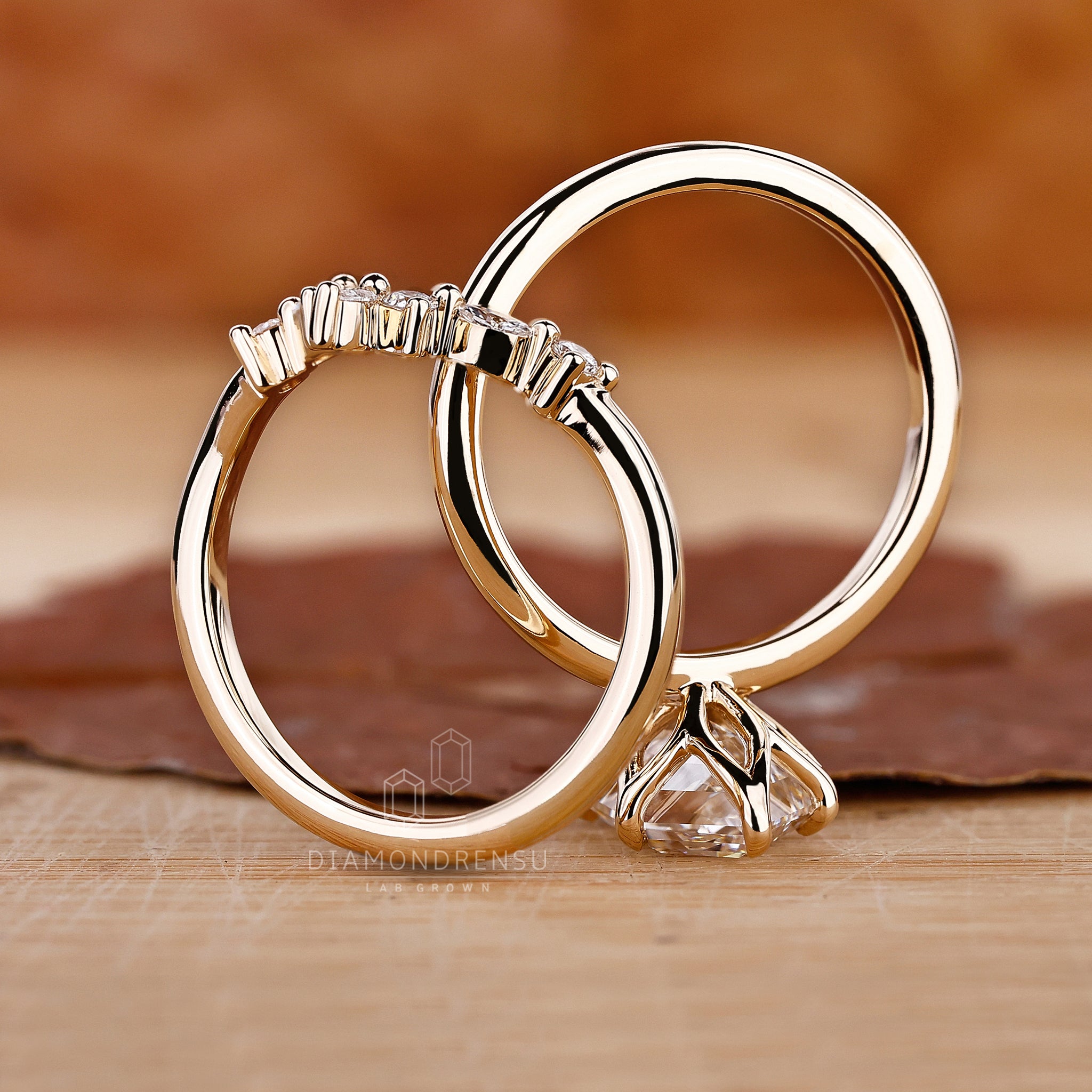 Lab Grown Diamond featured in hexagon engagement ring with wedding band.