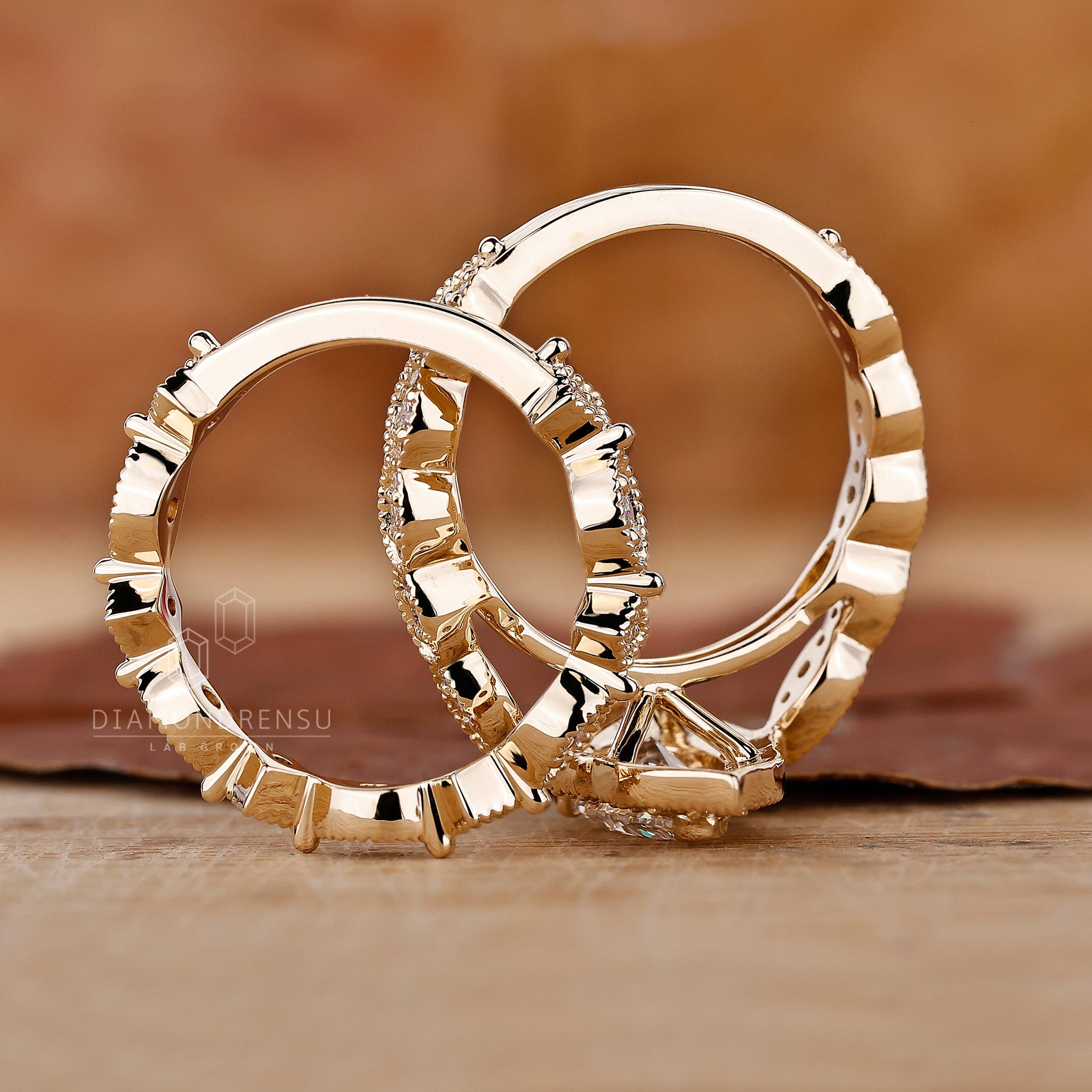 Milgrain bridal set with lab grown diamond and round diamond side stone.