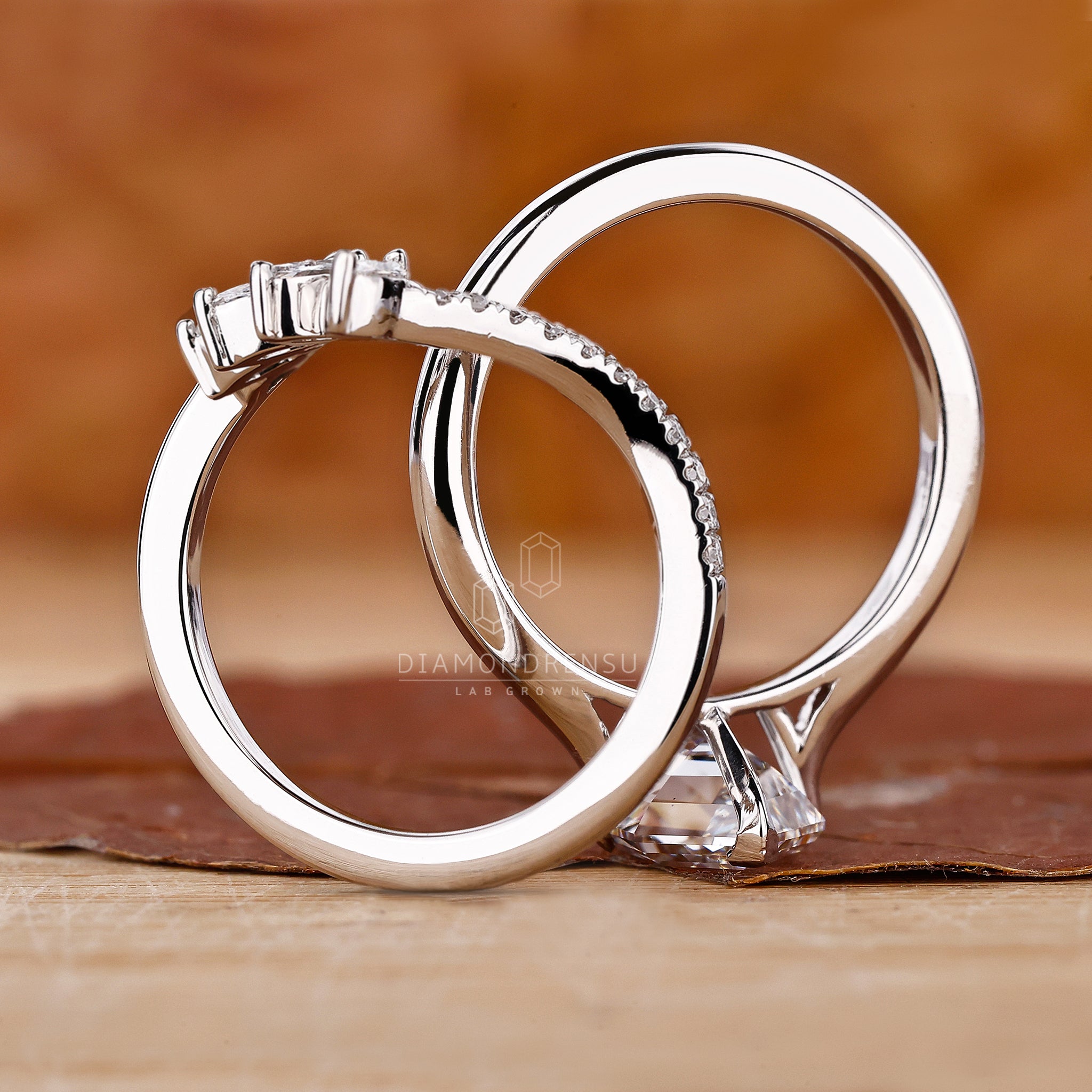 Handmade bridal set with hexagon ring and marquise wedding band.