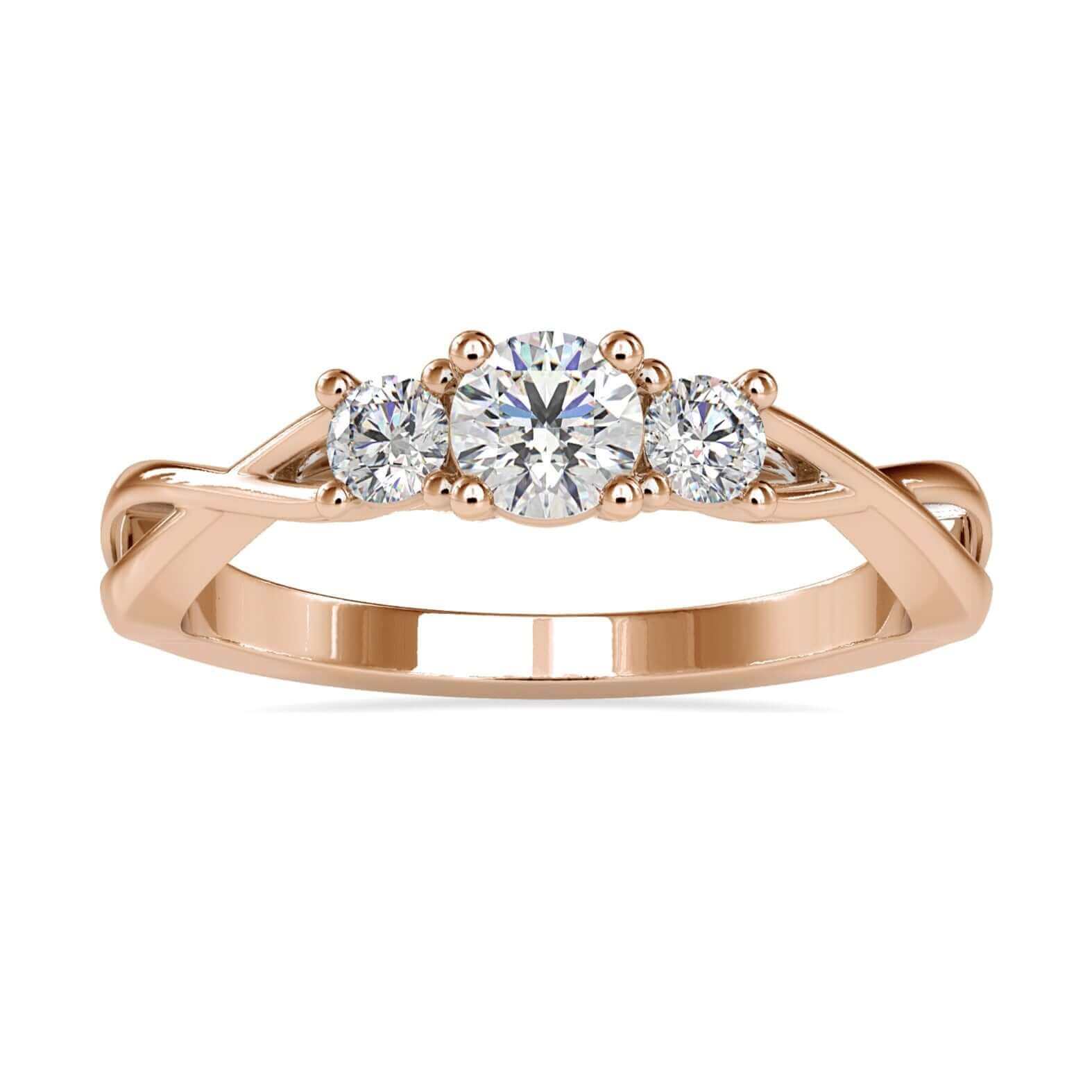 Infinity engagement ring with 3 round cut lab grown diamonds.