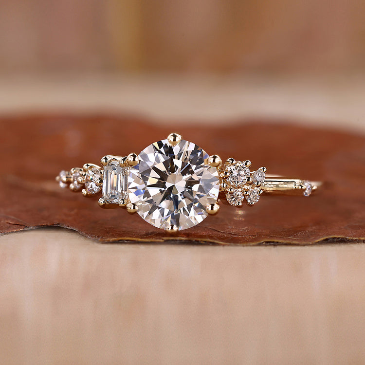 Round Cut Diamond Ring with emerald cut engagement ring