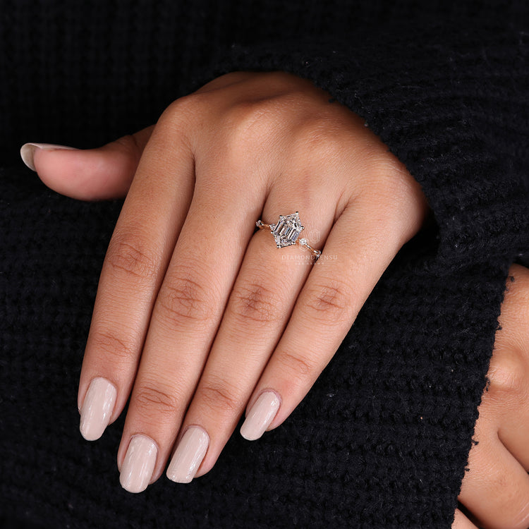 Round cut pave engagement ring with 6 prong ring setting.