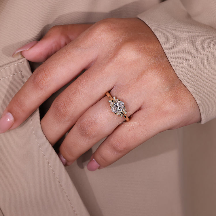 Unique engagement ring includes butterfly and prong setting.