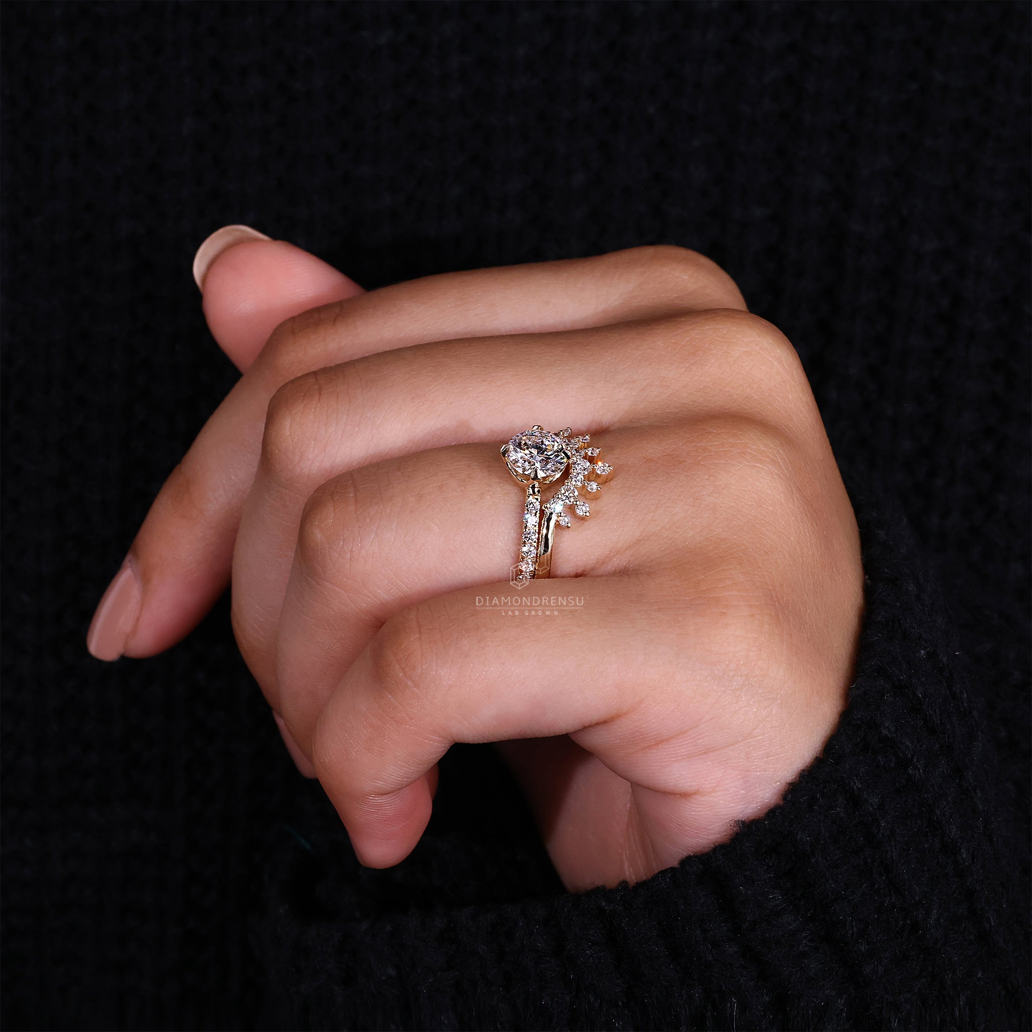 Custom bridal set with round diamond band and matching pave setting ring.