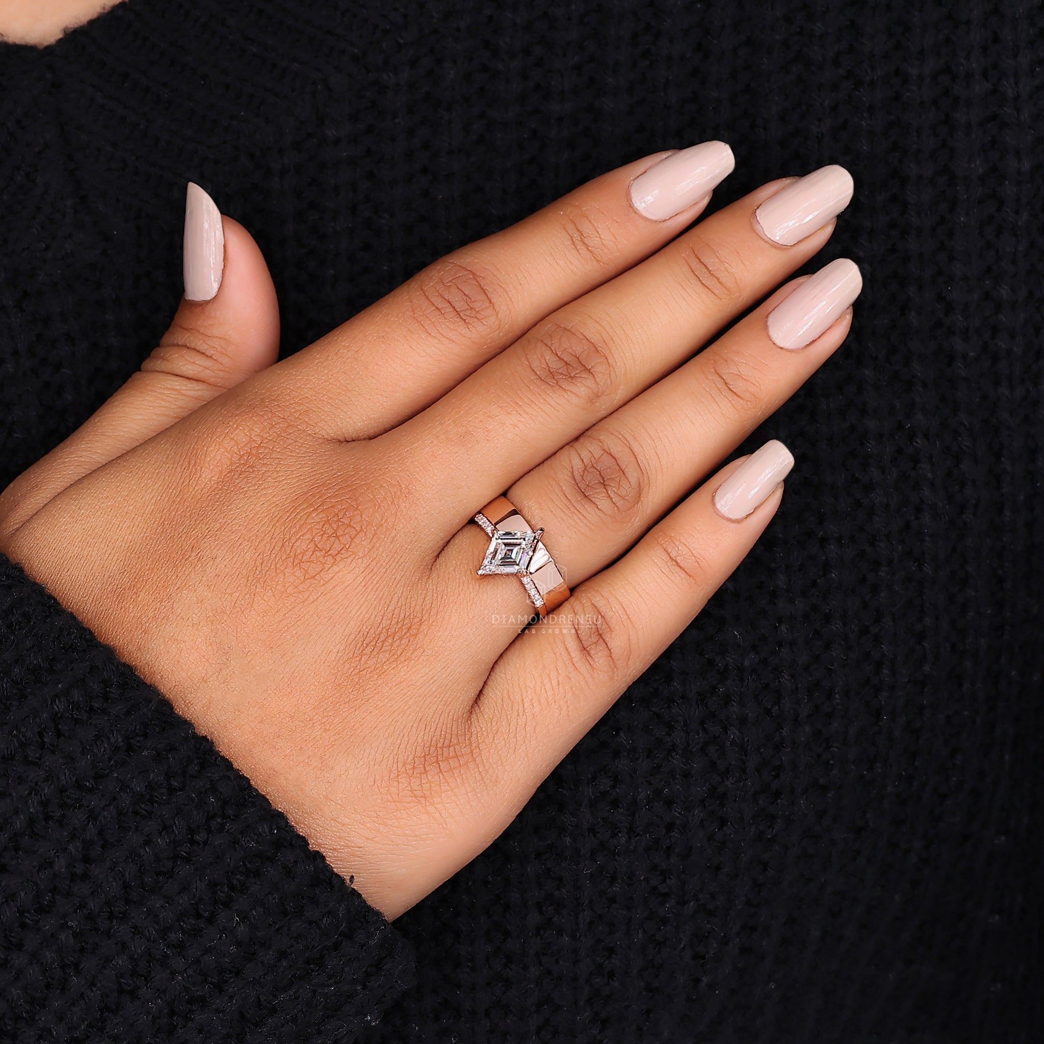 Shop rose gold bridal set crafted with pave engagement ring and plain band.