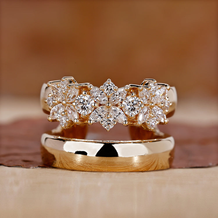 Marquise and round engagement ring with double layer gold ring.