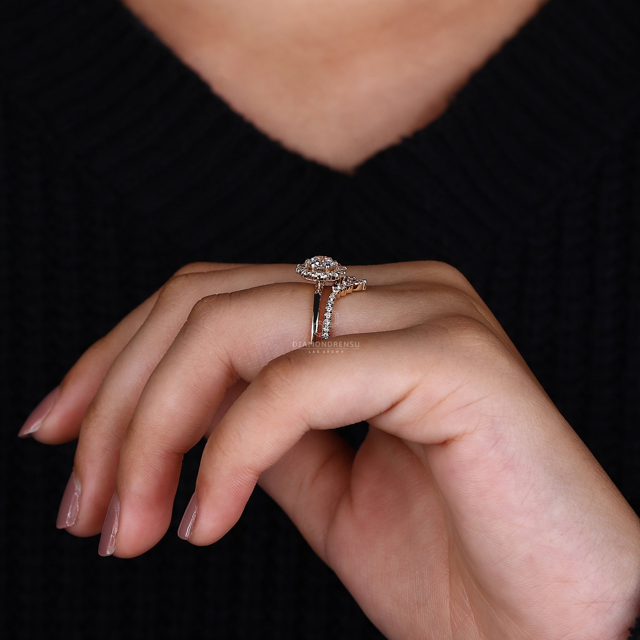 Handmade bridal set with halo engagement ring and Lab Grown Diamond.