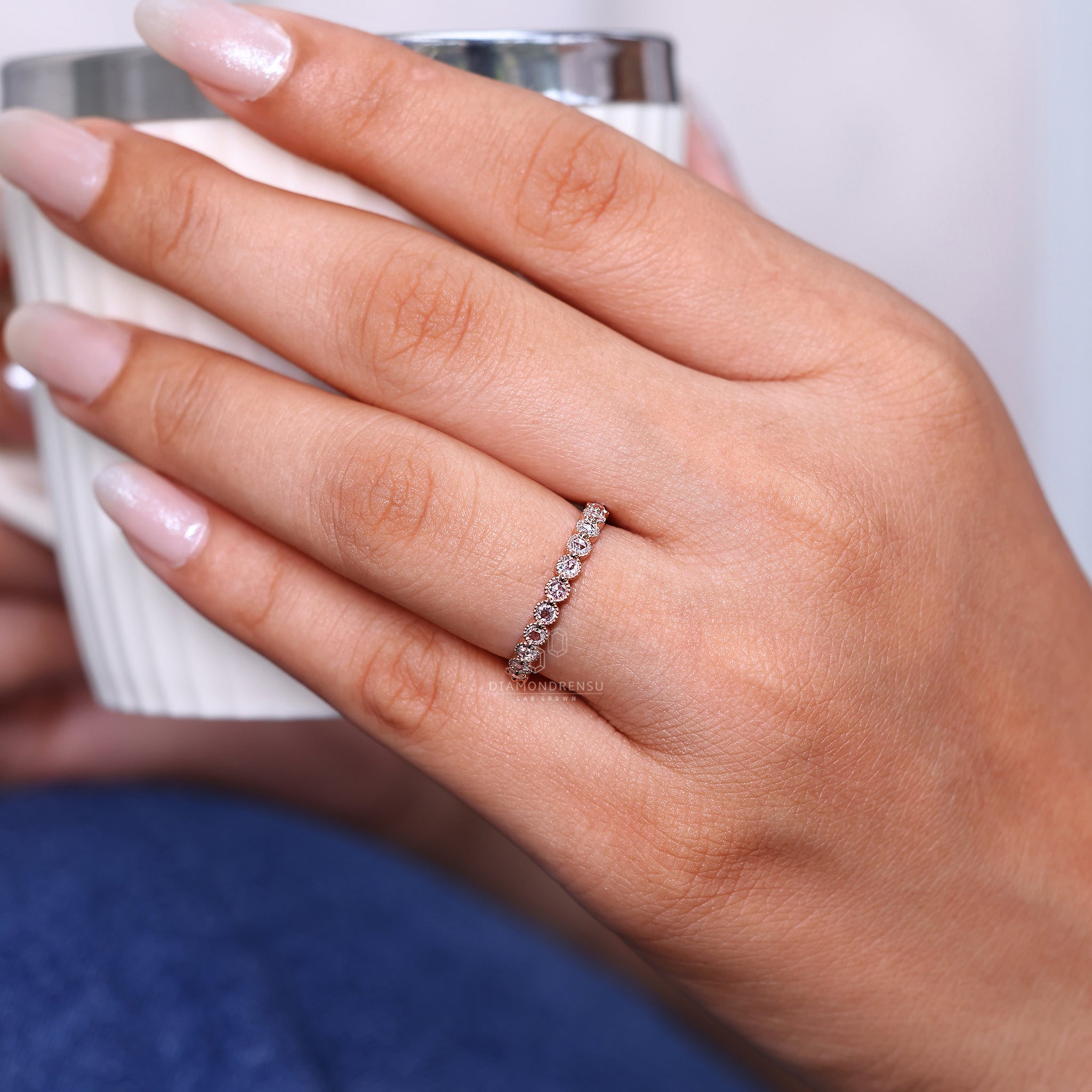 UK wedding band with milgrain details and rose gold finish.