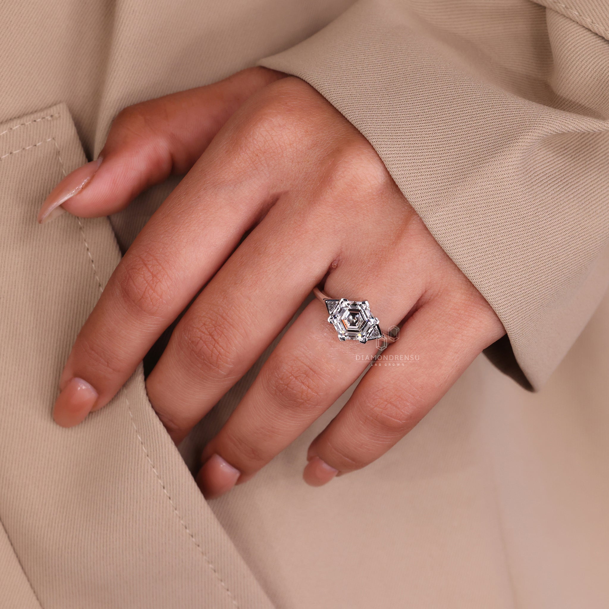 Unique bezel setting engagement ring with hexagon center