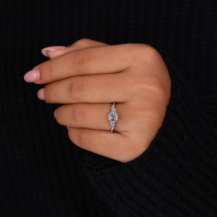 Buy engagement ring in London UK with Portuguese cut and white gold finish.