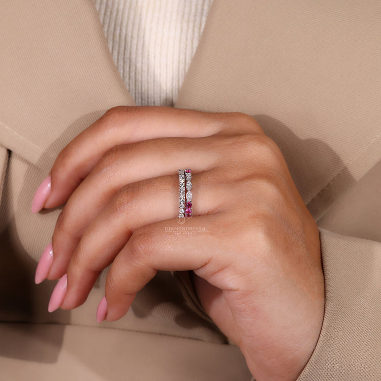 Milgrain wedding band featuring handmade details in white gold