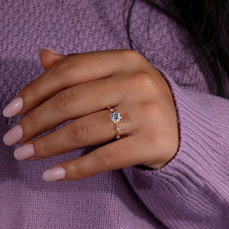 Round diamond engagement ring in a Distance Pave Ring style, perfect as a unique engagement ring for women.