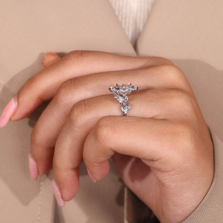 Designer engagement ring with nature inspired details.