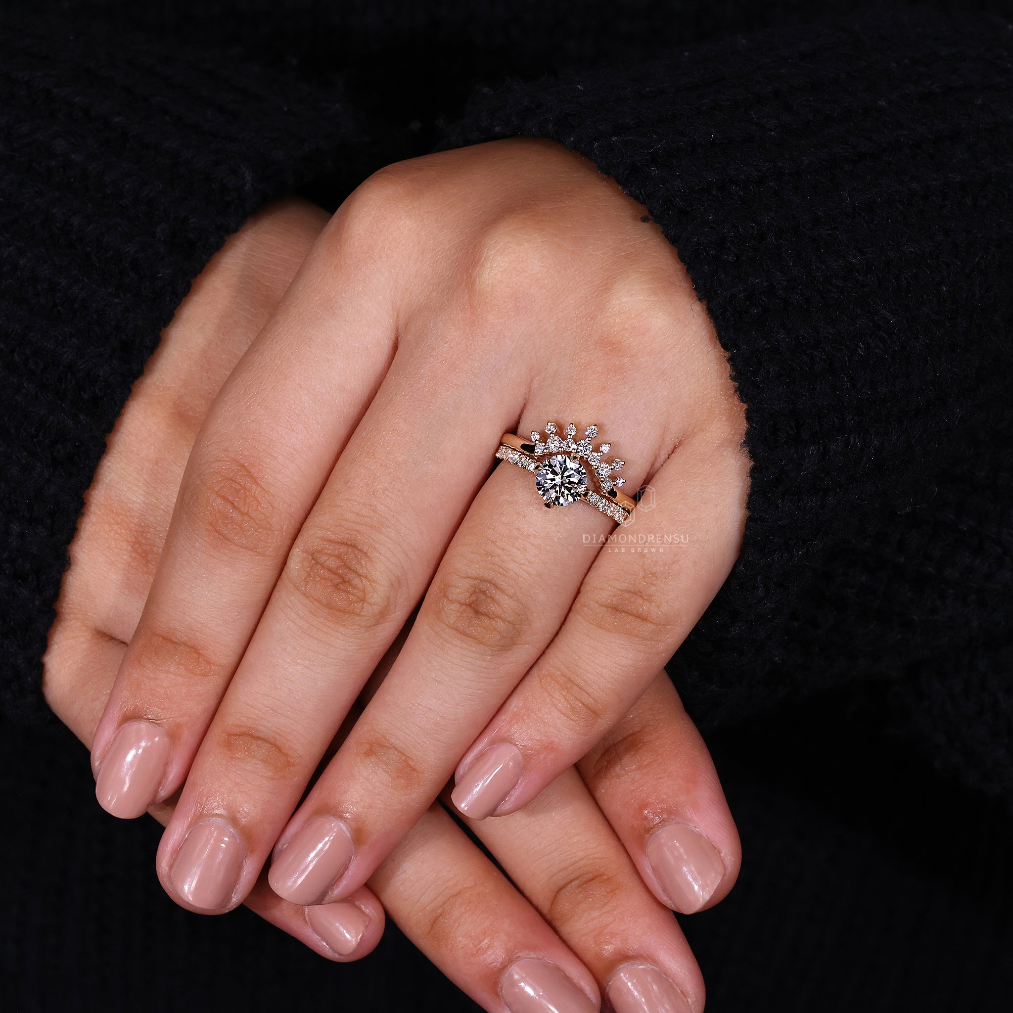 Buy bridal set in yellow gold with round diamond ring and crown wedding band.
