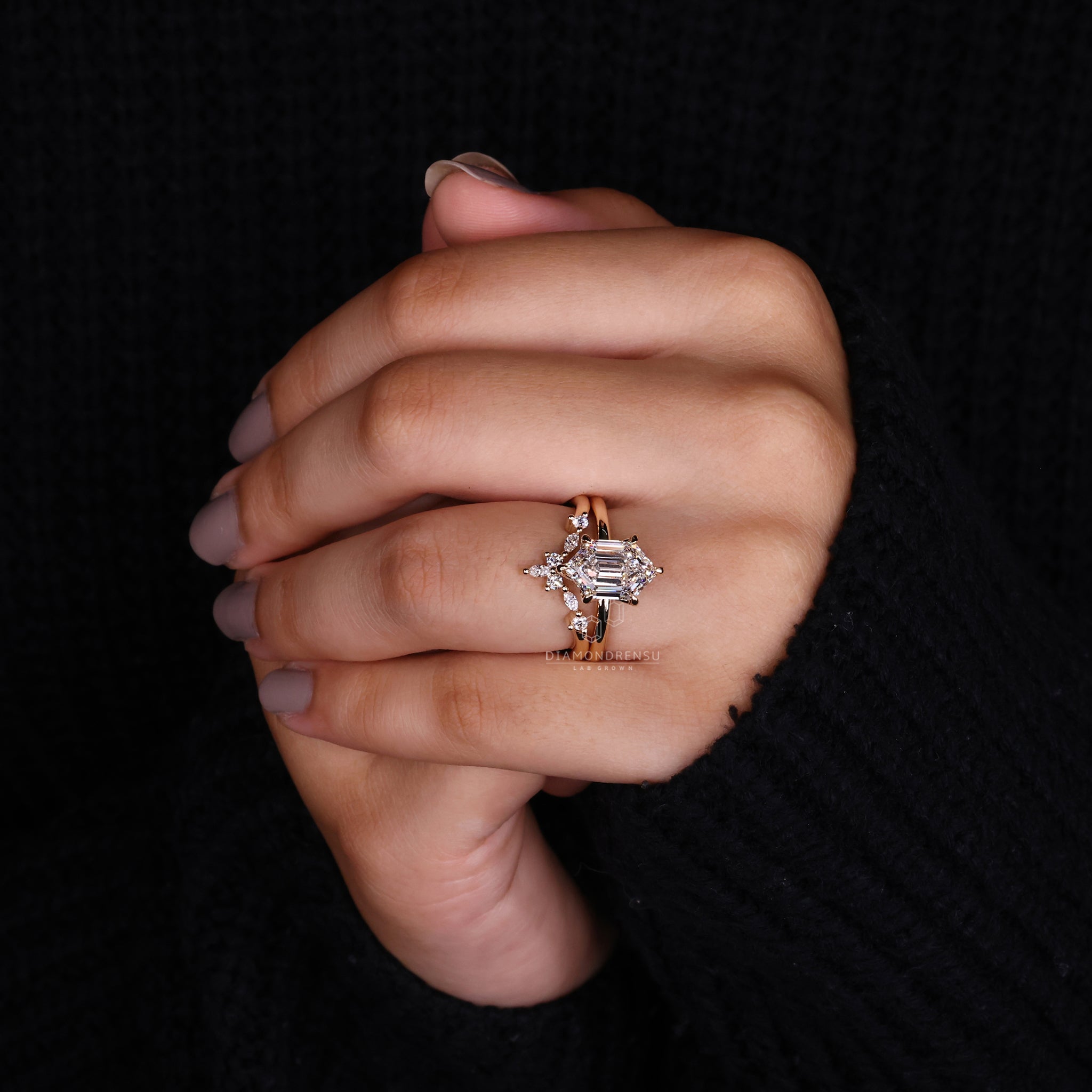 Custom bridal set with 6 prong claw setting ring and Lab Grown Diamond.