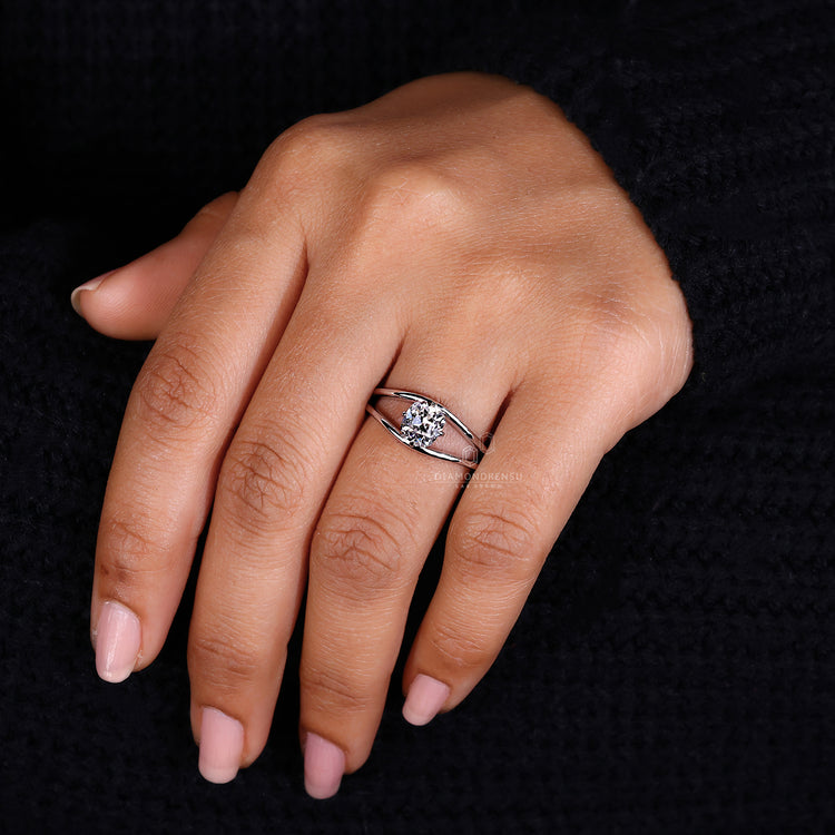 Yellow gold diamond ring styled with split shank engagement ring.
