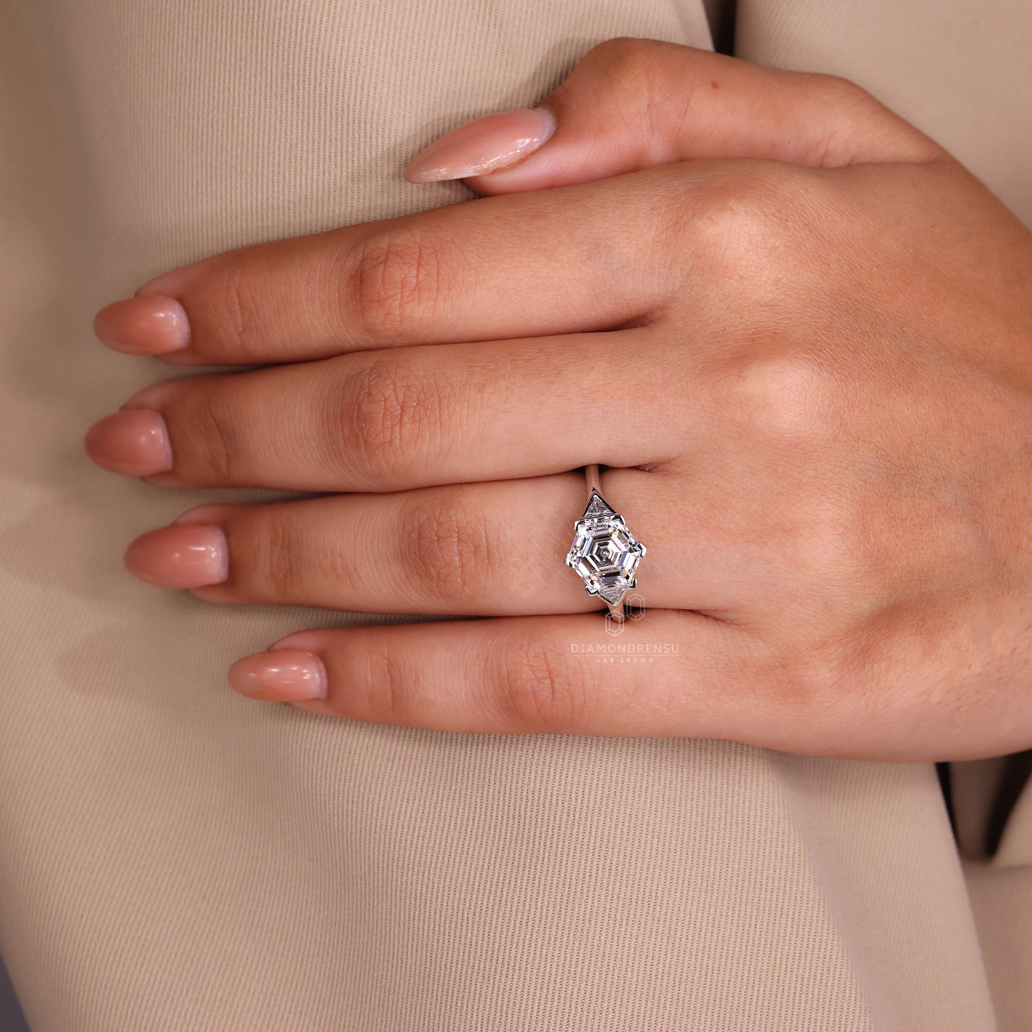 Lab diamond three stone ring with geometric cuts