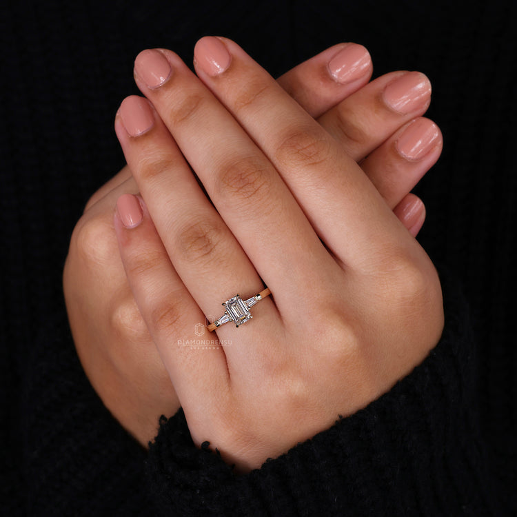 Emerald diamond engagement ring crafted with lab diamond, IGI certified and custom-made.