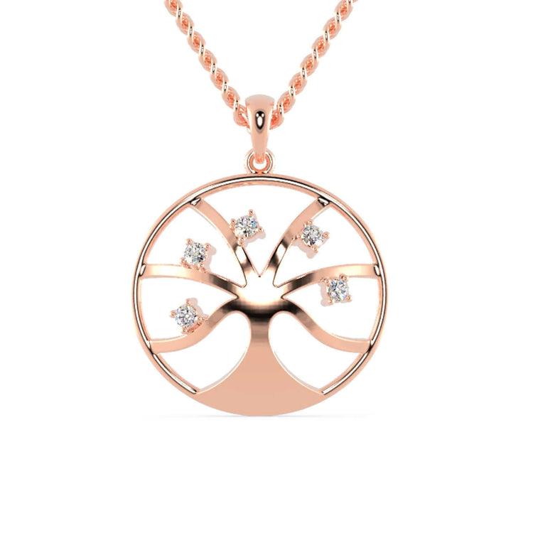 Tree life pendant crafted in gold with round diamond detail.