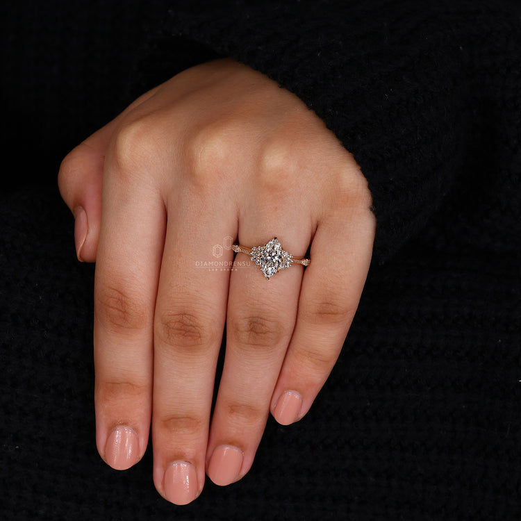 Proposal engagement ring with custom marquise design.