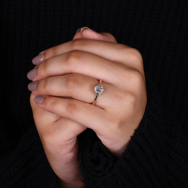 Luxurious three stone diamond ring in a classic cathedral setting.