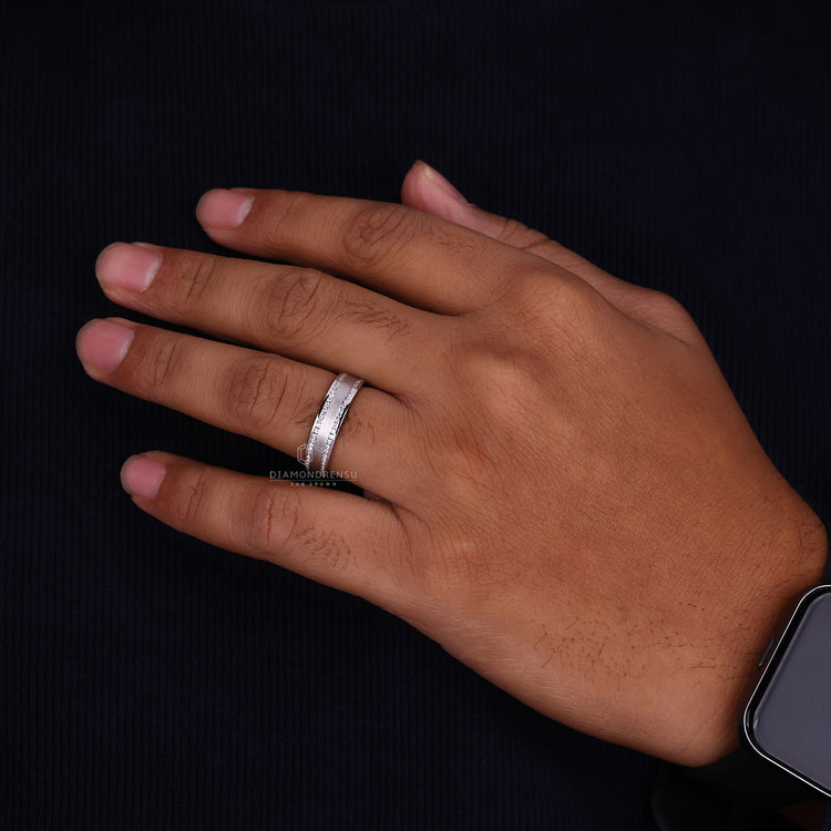 White gold mens ring with round cut stones and half eternity style.