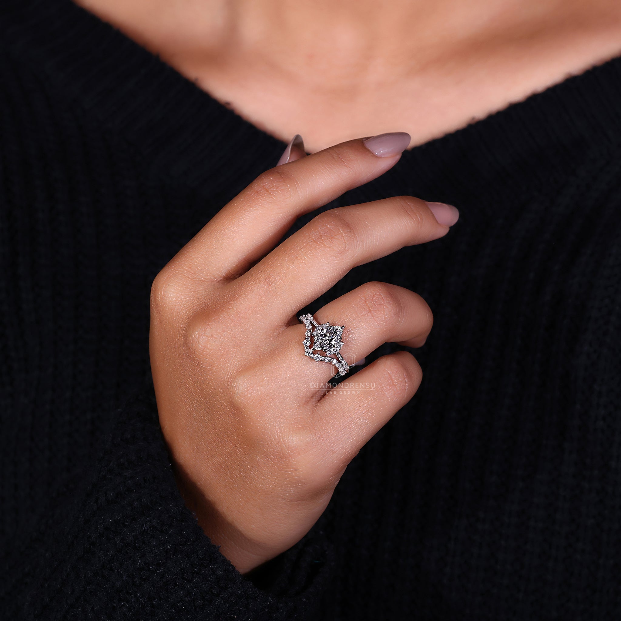 Curved wedding band in half eternity wedding band style.