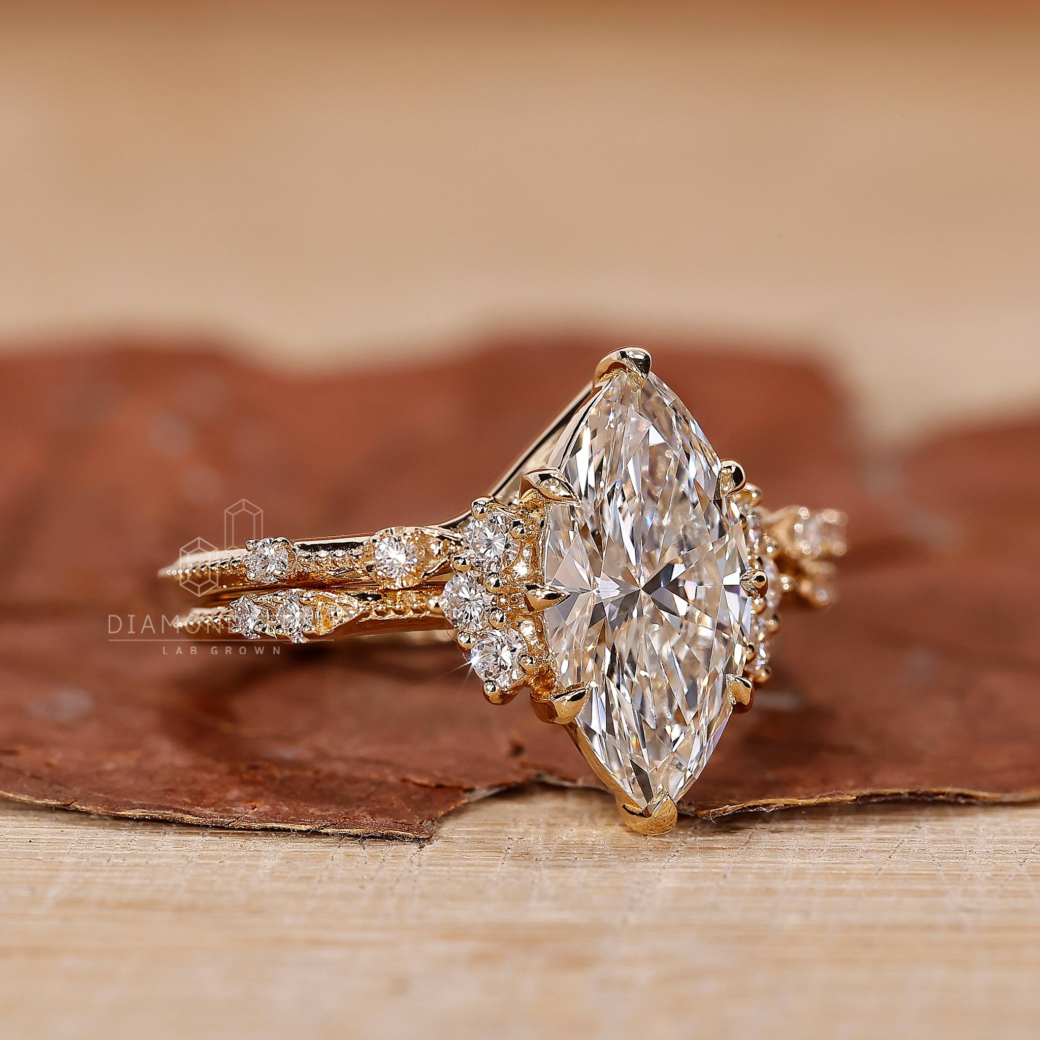 Claw prong ring in milgrain bridal set with stackable wedding band.