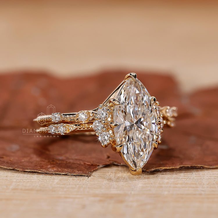 Claw prong ring in milgrain bridal set with stackable wedding band.