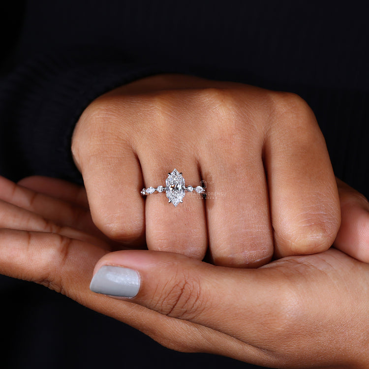 Dutch marquise cut ring set in white gold with brilliant detail.