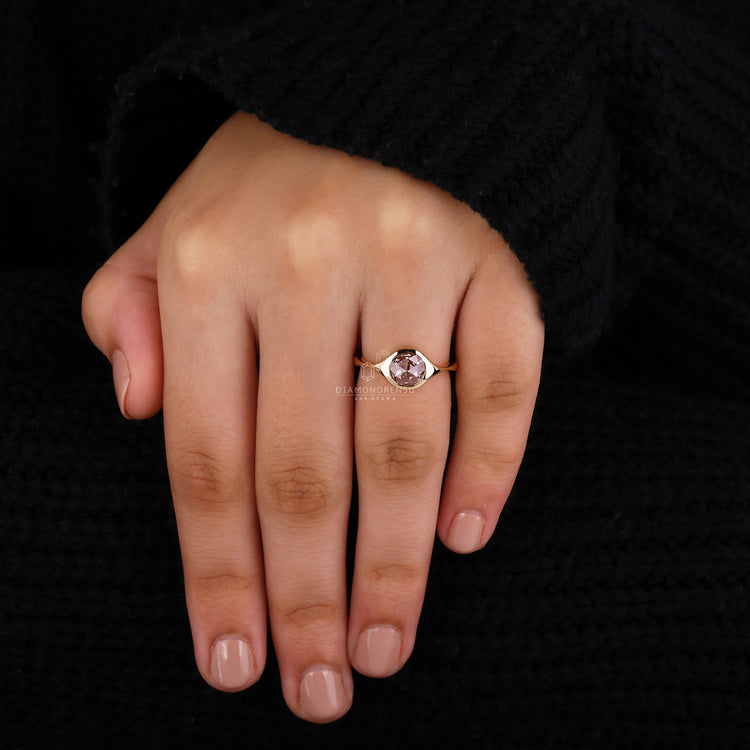 Yellow gold diamond ring featuring lab grown round rose cut stone.