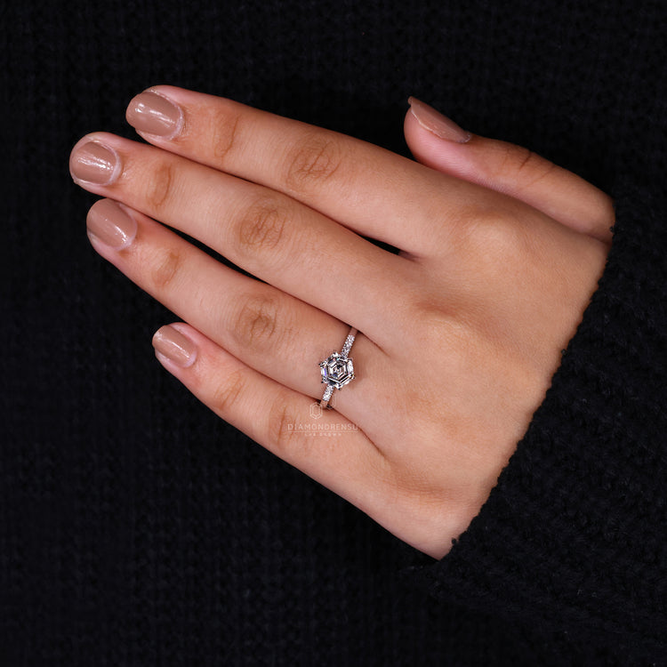 UK engagement ring crafted with pave setting ring style.