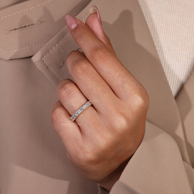 Custom diamond band with a mix of baguette and princess cuts.