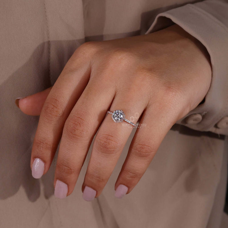Round cut diamond ring crafted with a halo diamond ring design, ideal for engagement ring for women in the UK.
