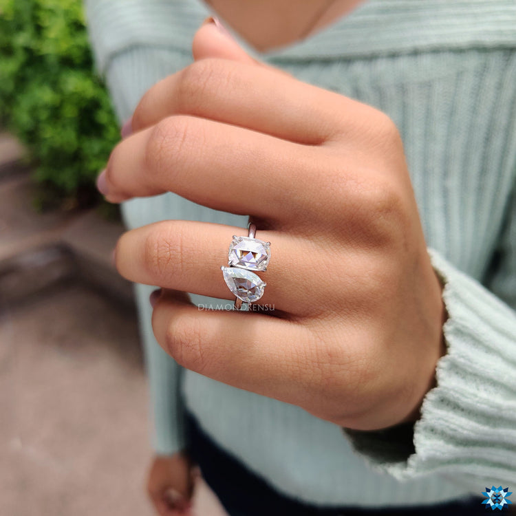 Rose cut moissanite Toi et Moi ring with prong setting.