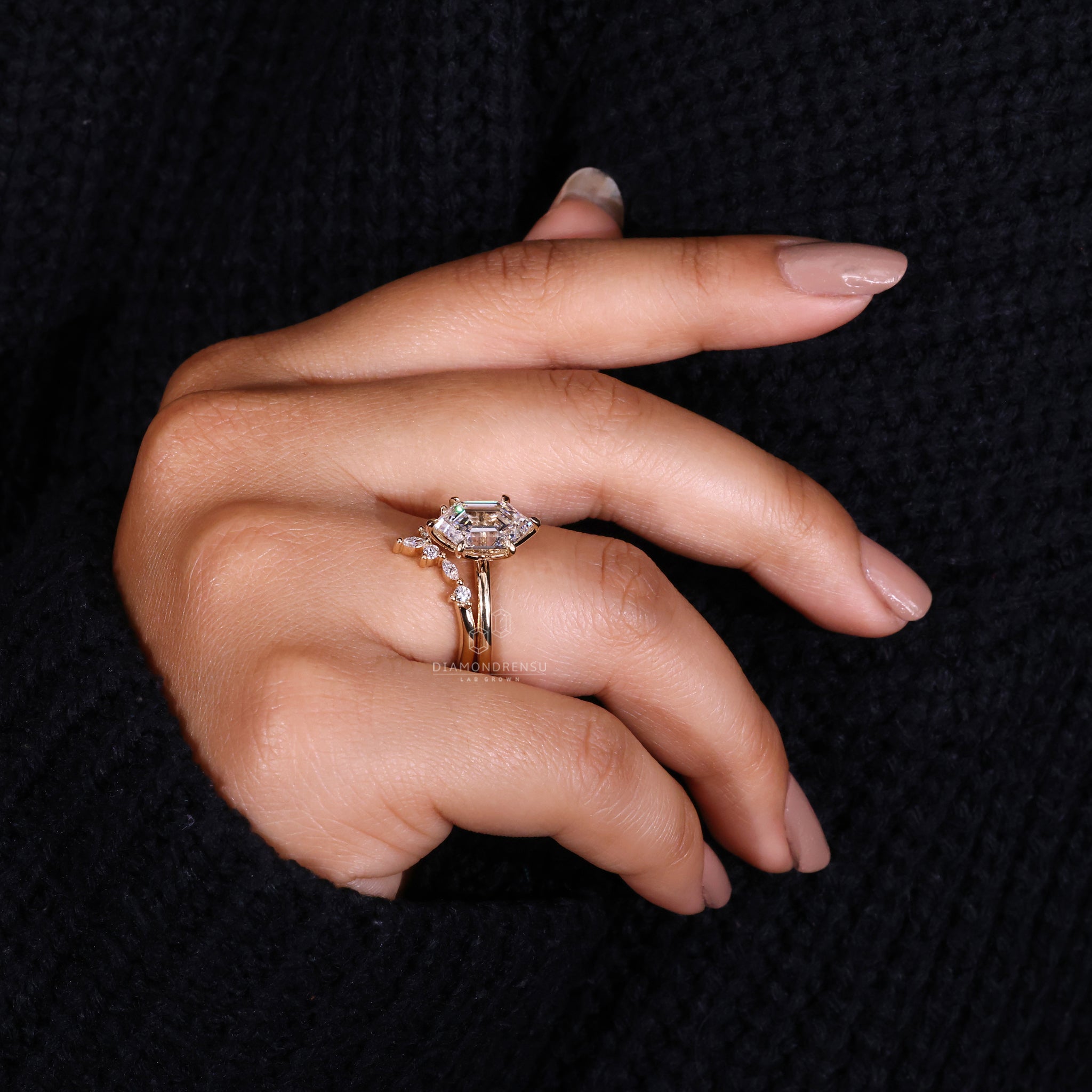 Marquise and round diamond band in custom bridal set with solitaire ring.