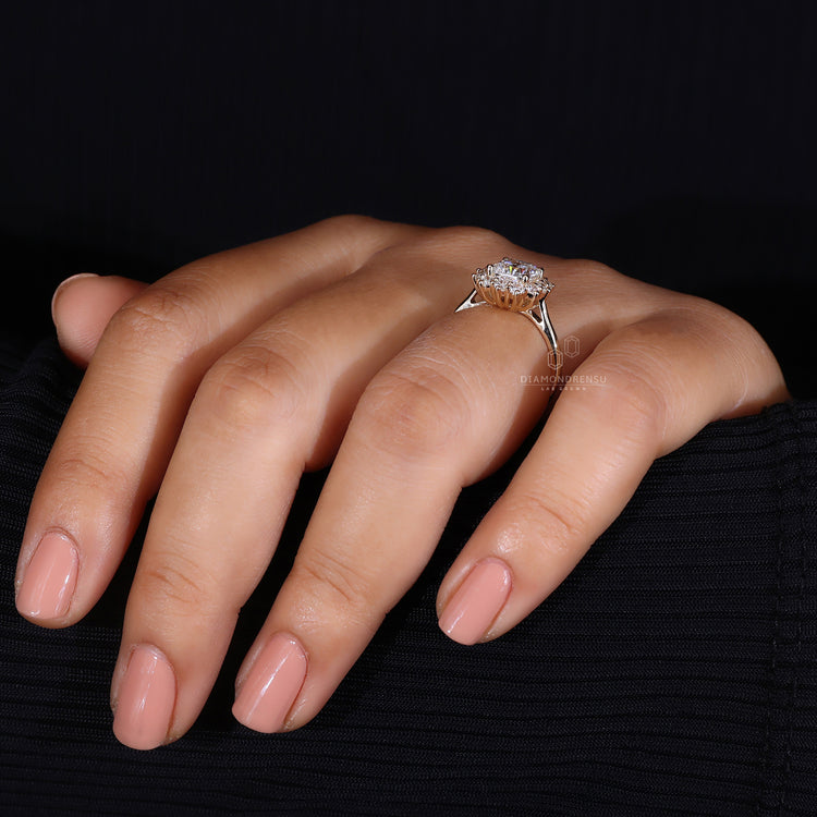 Yellow gold engagement ring with cushion cut.
