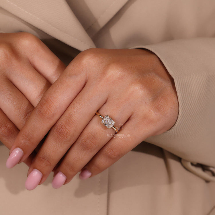 East west engagement ring with double claw prong setting.