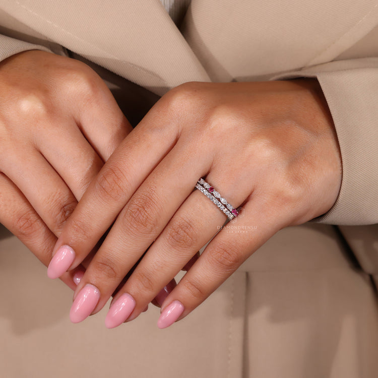 Buy wedding band with ruby and diamond mix in a unique pattern.