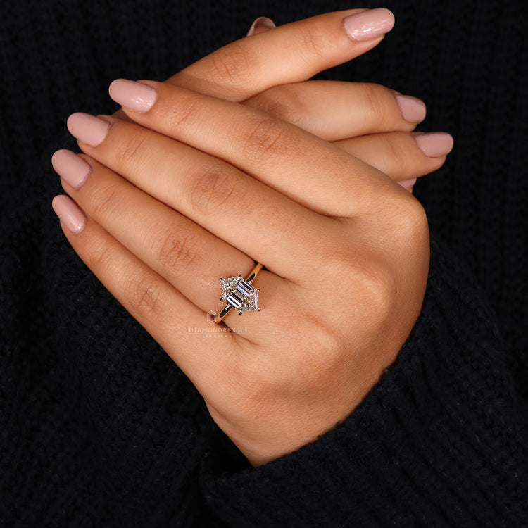 IGI certified handmade ring with gold band and hexagon diamond.