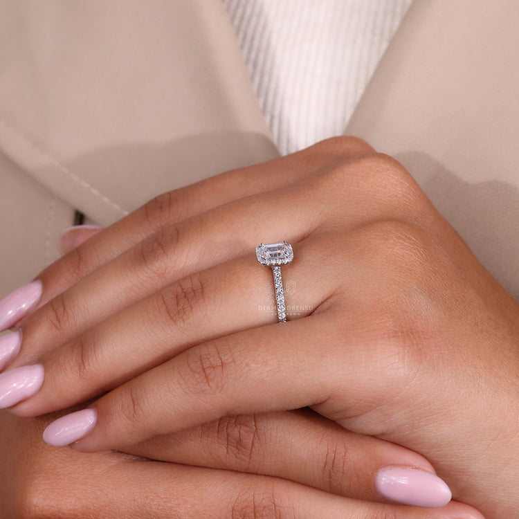 Pave setting ring with secure prong setting.