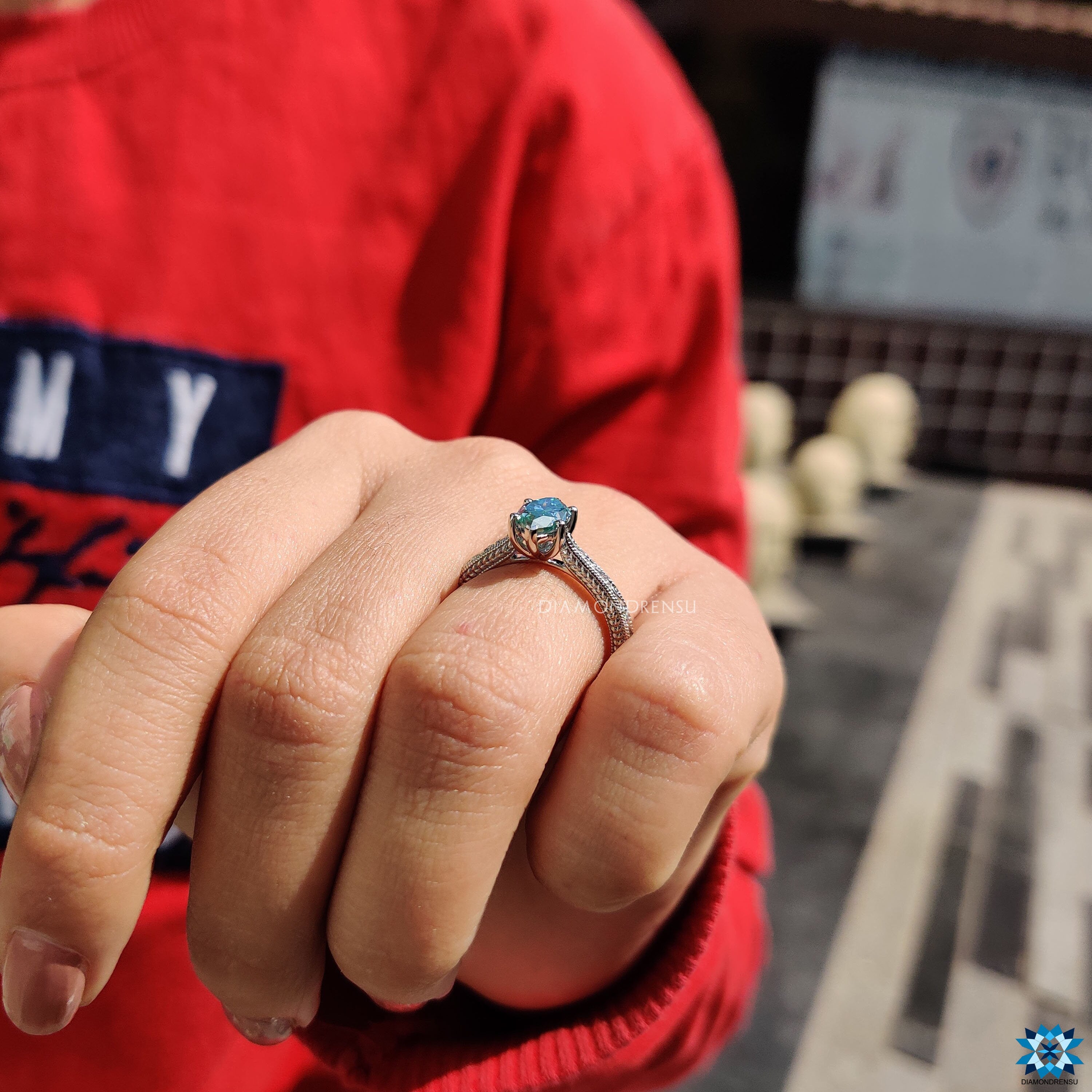 Buy engagement ring with cyan marquise moissanite and handcrafted milgrain accents.