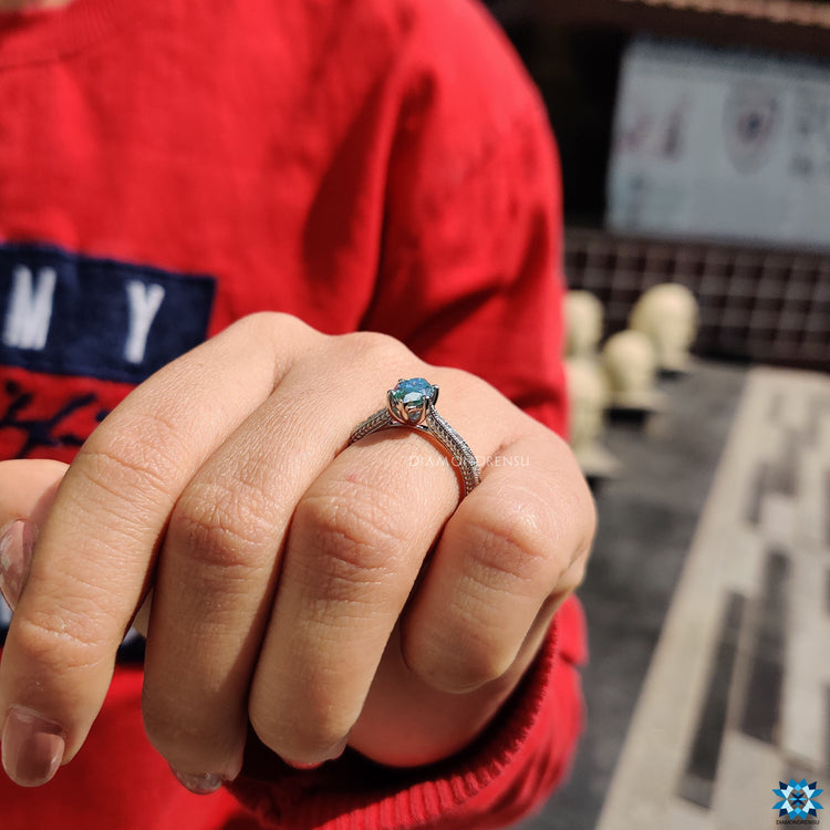 Buy engagement ring with cyan marquise moissanite and handcrafted milgrain accents.