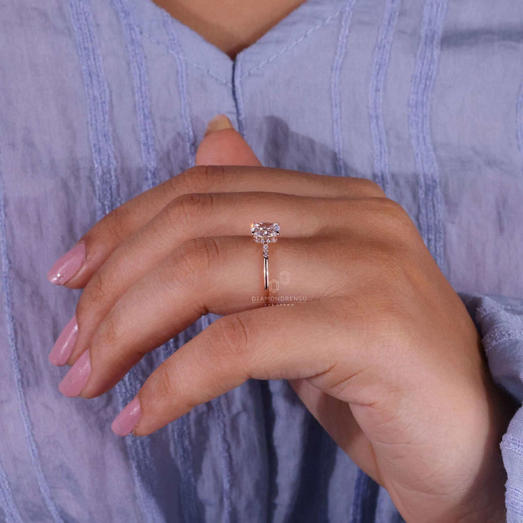 Elongated cushion cut diamond ring featuring a stunning centre stone.