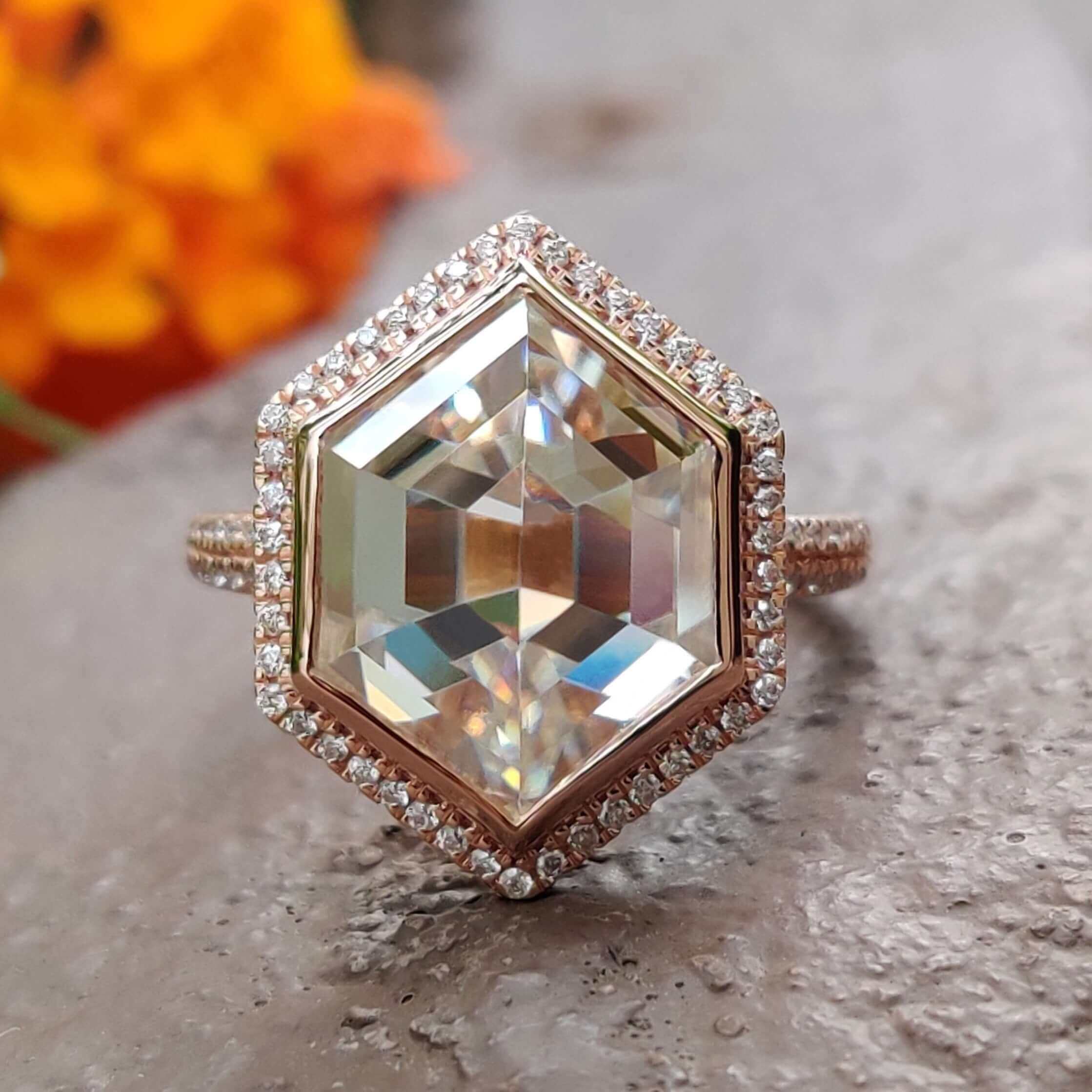 Hexagon rose cut moissanite engagement ring in rose gold.