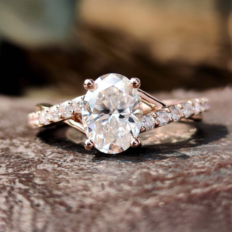 UK engagement ring with oval cut moissanite.