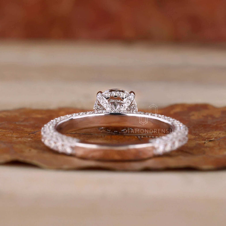 Hidden halo engagement ring with a 3 row pave ring diamond, perfect for a unique engagement ring design.