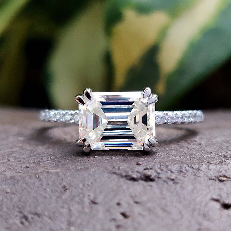 Emerald cut engagement ring east west engagement ring pave band
